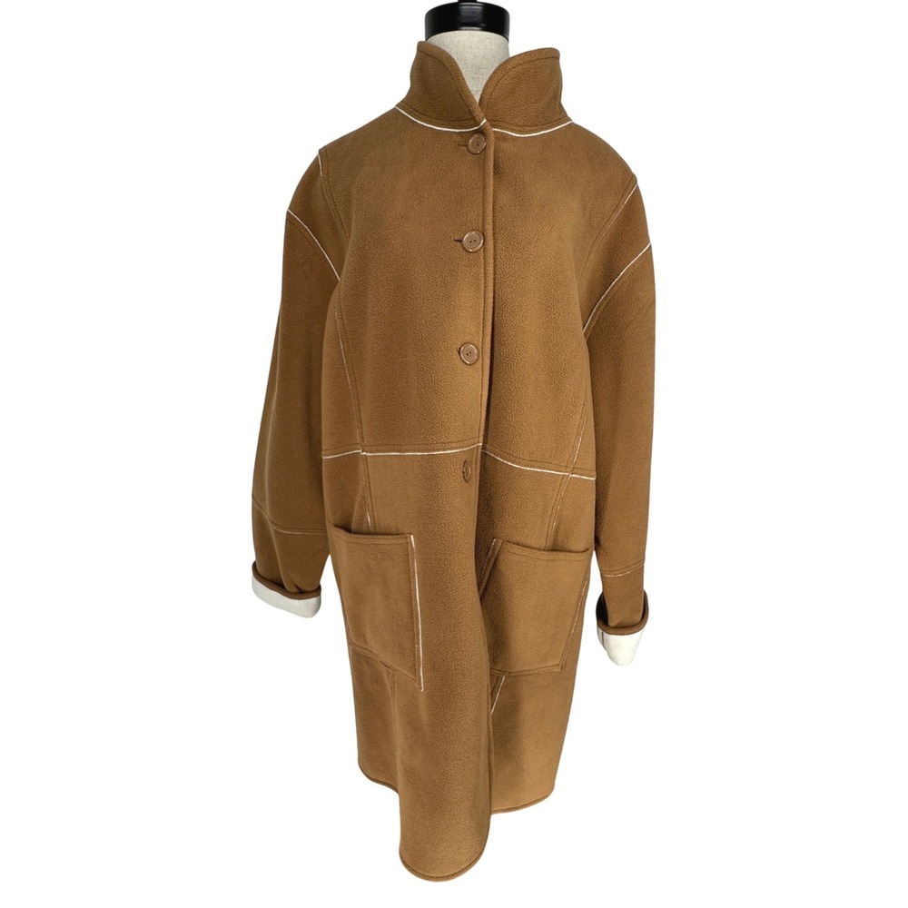 Susan Graver‎ Style Camel Brown Fleece Car Coat Contrast Stitch Button Front XL